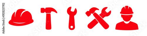 Set of red construction and maintenance icons: hard hat, hammer, wrench, and worker. Industrial repair and safety symbols on white background.