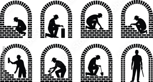 Bricklaying sequence silhouettes, construction worker icons, masonry wall building, labor stages, manual work progression, site activity vector, black illustration design