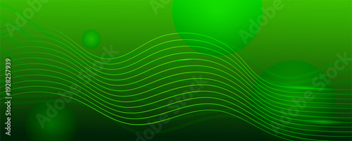 Abstract vibrant green background featuring glowing wavy lines, translucent spheres, and a smooth gradient. Ideal for modern digital design, technology, or ecological themes.
