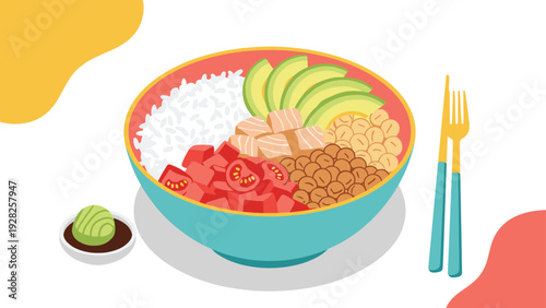 Delicious isometric tuna poke bowl with white rice, avocado slices, diced fish, tomatoes, and beans, served with chopsticks and wasabi sauce.