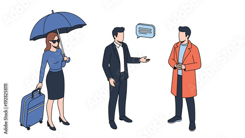 Isometric characters featuring a woman with a suitcase and umbrella, a man gesturing while talking, and a man in a long coat.