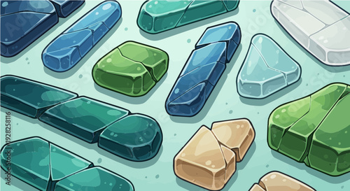 Cartoon illustration of blue green crystal gems on turquoise background for mineral design