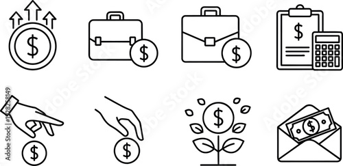 Business Finance and Investment Icons Set with Briefcase Calculator Money Plant and Cash Payment Symbols