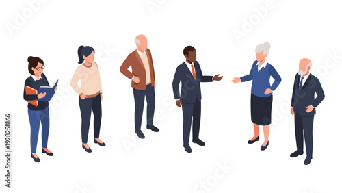 Diverse collection of isometric people including men and women of different ages and ethnicities in professional and casual clothing.