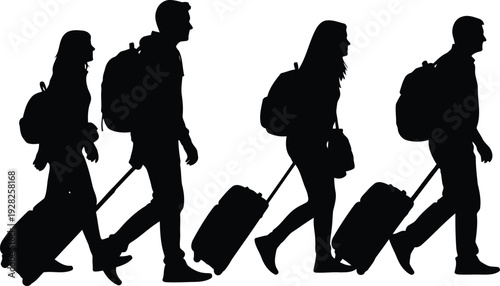 Silhouette of Travelers Walking with Luggage and Backpacks Isolated on White Background