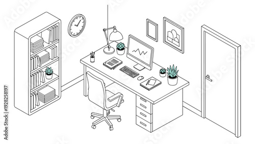Clean isometric line art of a home office setup with a desk, computer, chair, bookshelf, wall clock, and various plants.