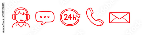 Hand-drawn red customer support icons including call center agent, chat bubble, 24h service, phone handset, and email envelope on white background.