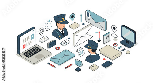 isometric collection of postal and delivery service icons with hand drawn style elements and mail communication symbols