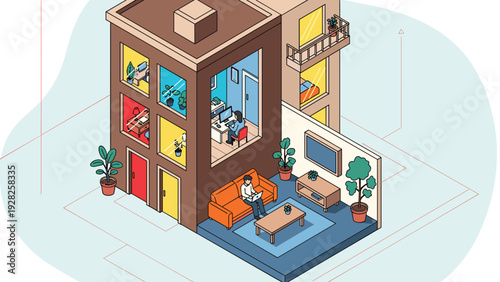 Interesting isometric cutaway of a small building showing multiple levels including an office, bedroom, living room, and entryway.