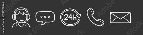 Set of hand-drawn white customer support and contact icons on a dark background including call center, chat, 24h service, phone, and email.