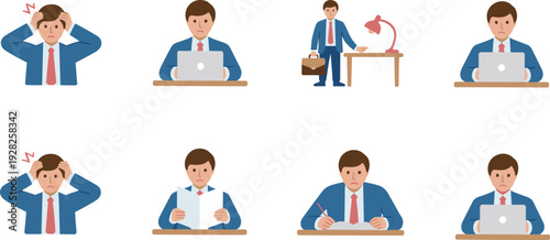 Businessman cartoon illustrations, stress, laptop work, office desk, briefcase, writing tasks, emotions, professional life, corporate job, workplace, productivity, focus