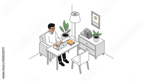 Man works on his laptop at a desk in a cozy home office environment featuring potted plants and modern furniture in isometric style.
