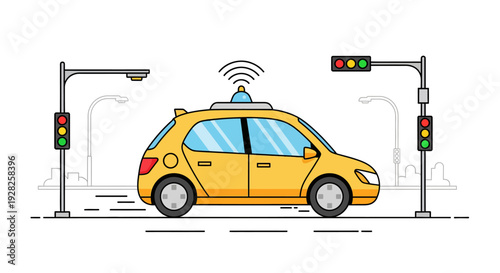 Autonomous car concept on urban road featuring smart sensors and traffic lights, representing future intelligent transportation systems