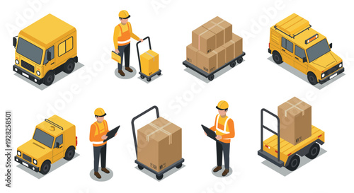isometric delivery cargo set with yellow trucks workers and packages in hand drawn style for logistics and transportation design