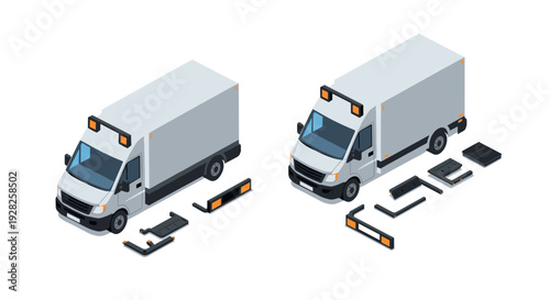 isometric white delivery truck with removable front parts set in modern vector style for logistics and transportation design