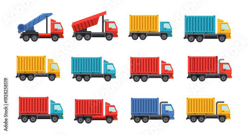 Collection of illustrated truck icons for logistics, transportation, and construction services