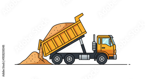 Heavy duty dump truck offloading a large pile of sand, illustrating construction material transport. Vector illustration of a tipper vehicle at work