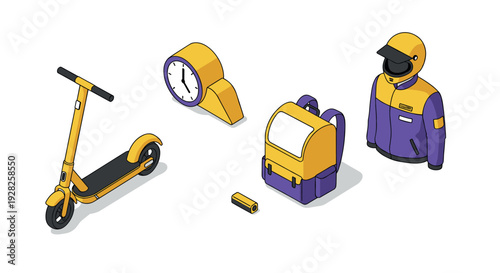 electric delivery scooter helmet jacket backpack and stopwatch isometric hand drawn icons set