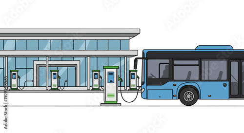 Electric bus charging at a modern station, visualizing sustainable urban transportation infrastructure