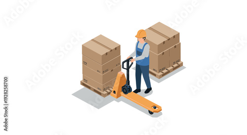 warehouse worker operating pallet jack with stacked cardboard boxes isometric illustration