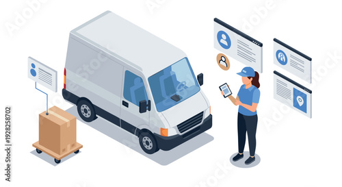 female delivery worker checking parcels and data using digital tablet near cargo van isometric illustration
