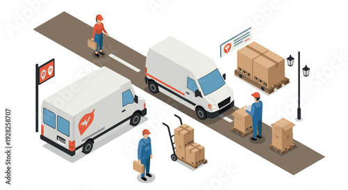 isometric delivery service scene with vans workers and packages in flat style