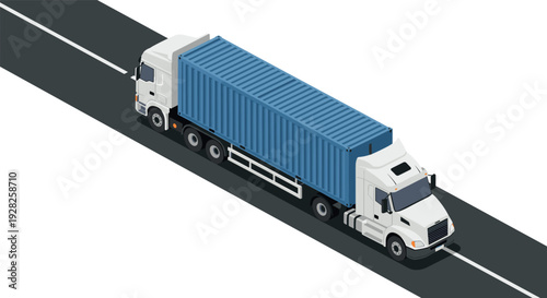 isometric truck with blue cargo container on highway detailed vector illustration