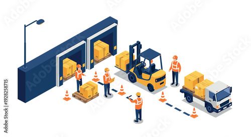 warehouse logistics workers loading boxes with forklift and truck in isometric vector illustration