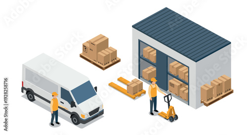 isometric warehouse delivery workers unloading boxes with pallet jack near cargo van and storage building