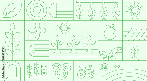 Seamless pattern of green line art icons representing smart agriculture, sustainable farming, and modern farm technology. Includes plants, irrigation, sun, tractor, and growth symbols in a geometric 