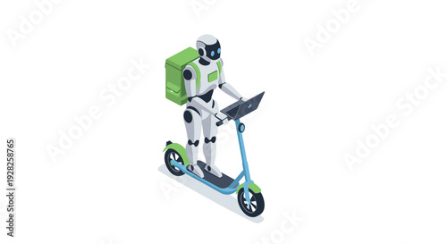 friendly robot courier riding electric scooter with laptop and delivery backpack isometric illustration