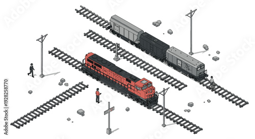 isometric illustration of trains on railroad tracks with small people in hand drawn style