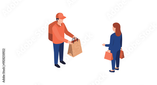 delivery man handing paper bag to customer with shopping bags isometric vector illustration