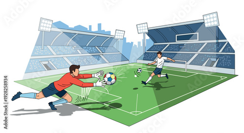 soccer player kicking ball with goalkeeper diving to save in stadium hand drawn illustration