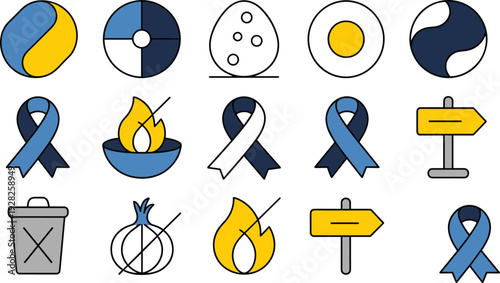 Colorful icon set, awareness ribbons, flames, signs, trash bin, onion symbol, yin yang, pie chart, infographic, education, communication, design