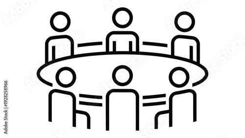 people sitting around round table icon isolated on white background, teamwork meeting and business collaboration concept line art