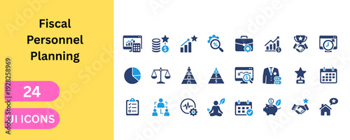 Strategic fiscal planning and organizational resource icons. Business growth, handshake, trophy, calculator, briefcase, wellness, pyramid, wealth
