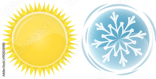 Bright yellow sun and a blue snowflake, symbol of air conditioning and heating