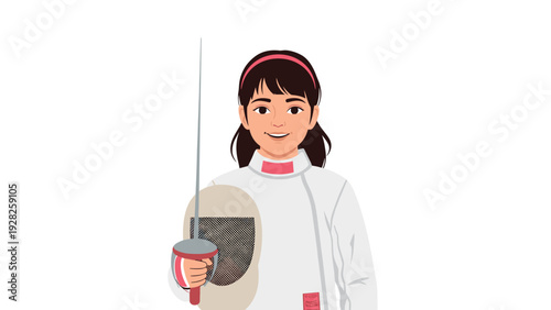 young girl fencer holding fencing sword and protective helmet hand drawn illustration
