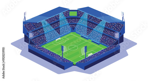 isometric soccer stadium illustration with crowd light beams and green field sports venue vector