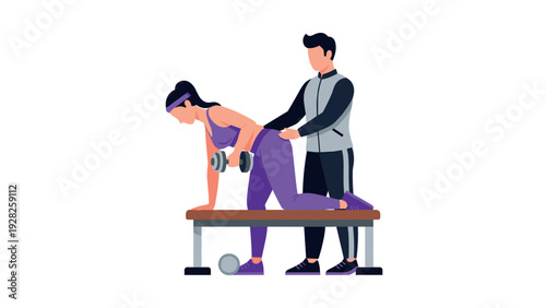 woman training with dumbbell assisted by personal trainer flat vector illustration