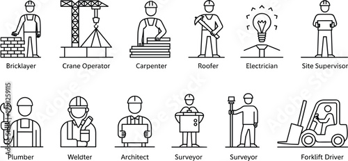Construction profession icons, bricklayer, crane operator, carpenter, roofer, electrician, site supervisor, plumber, welder, architect, surveyor, forklift driver vector