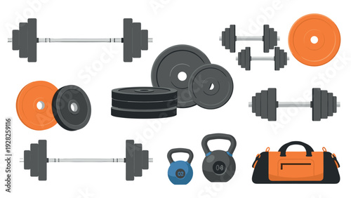 collection of hand drawn gym weightlifting equipment including barbells dumbbells kettlebells plates and gym bag