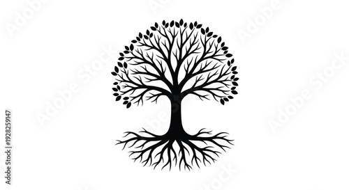 Detailed tree illustration with sprawling roots and full foliage silhouette