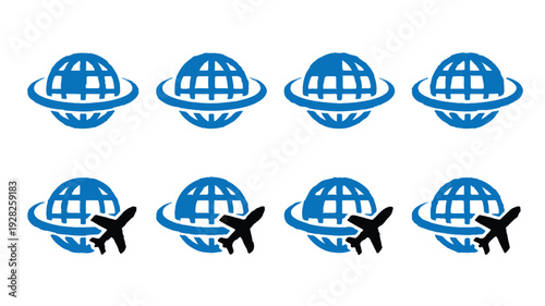 Set of globes with airplanes representing travel and global connectivity icons