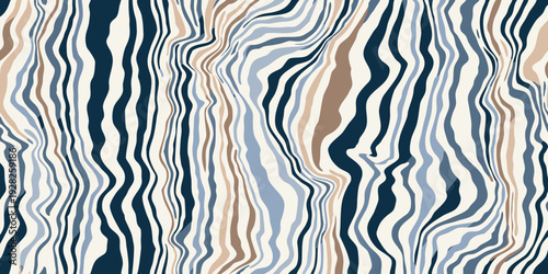 Abstract wavy vertical stripes in navy, beige, blue, and brown, evoking a naturalistic texture like wood grain or animal print.