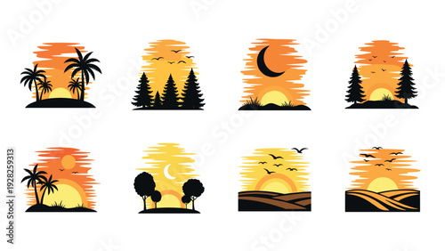 set of hand drawn sunset and sunrise landscapes with trees birds and moon in minimalist style