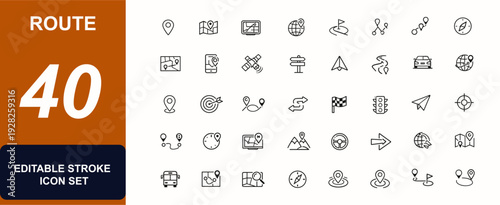Route web icons in line style. Location pin, route map, GPS navigation, traffic flow, road direction, travel pointer set. Editable stroke. Vector illustration.