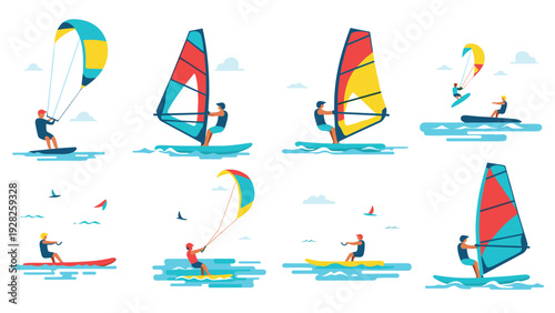 water sports vector set with hand drawn windsurfing and kite surfing illustrations for summer outdoor activities