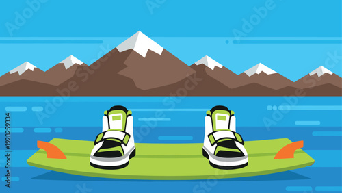 wakeboard with boots floating on water in front of snow capped mountain landscape flat vector illustration